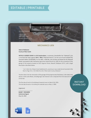 Delaware Mechanics Lien Template