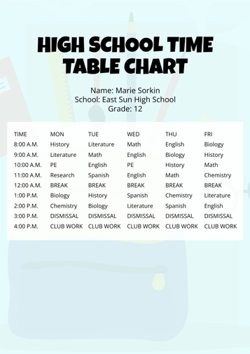 High School Time Table Chart Template