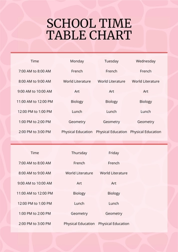 School Time Table Chart
