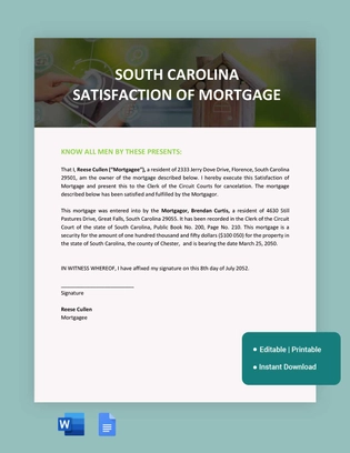 South Carolina Satisfaction of Mortgage Template