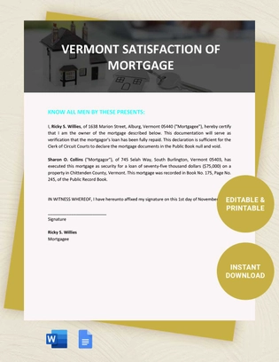 Vermont Satisfaction Of Mortgage Template