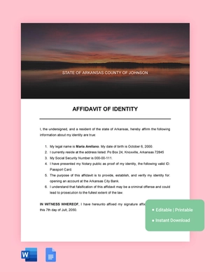 Arkansas Affidavit Of Identity Template