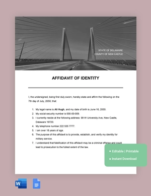 Delaware Affidavit Of Identity Template