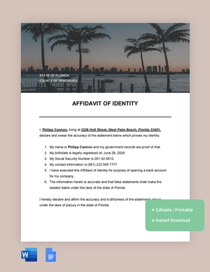 Florida Affidavit Of Identity Template