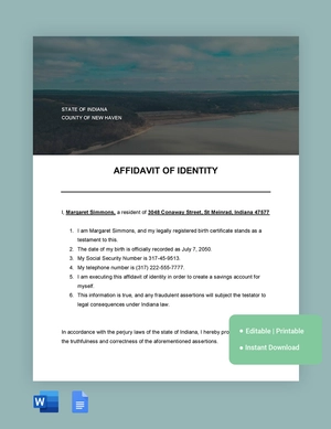 Indiana Affidavit Of Identity Template