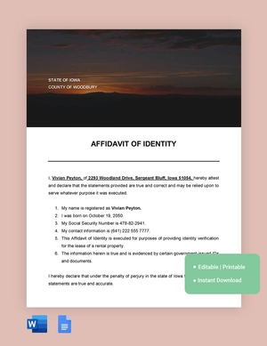 Iowa Affidavit Of Identity Template