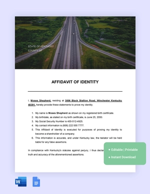 Kentucky Affidavit Of Identity Template
