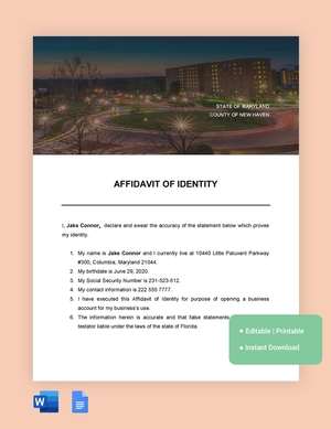 Maryland Affidavit Of Identity Template