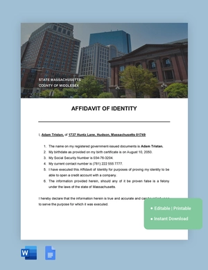 Massachusetts Affidavit Of Identity Template