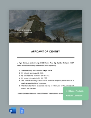 Michigan Affidavit Of Identity Template