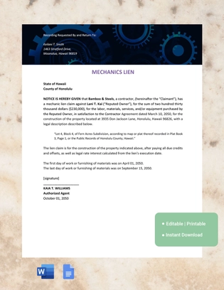 Hawaii Mechanics Lien Template