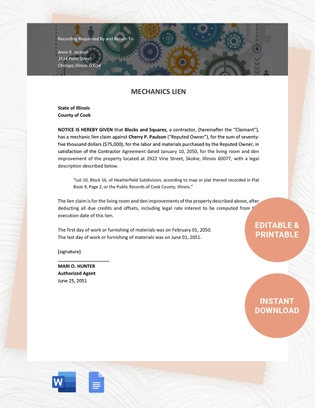 Illinois Mechanics Lien Template