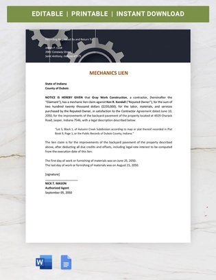 Indiana Mechanics Lien Template