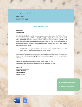 Iowa Mechanics Lien Template