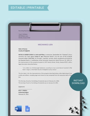 Kansas Mechanics Lien Template