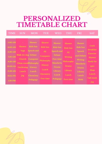 Personalized Timetable Chart Template