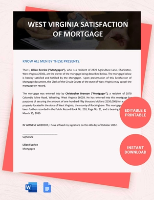 West Virginia Satisfaction of Mortgage Template
