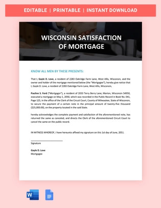 Wisconsin Satisfaction Of Mortgage Template