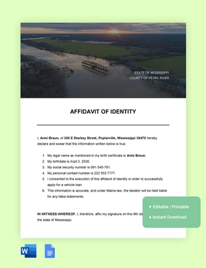 Mississippi Affidavit Of Identity Template