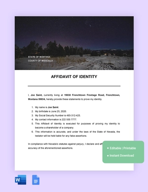 Montana Affidavit Of Identity Template