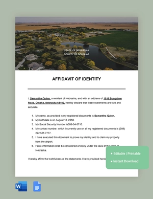 Nebraska Affidavit Of Identity Template