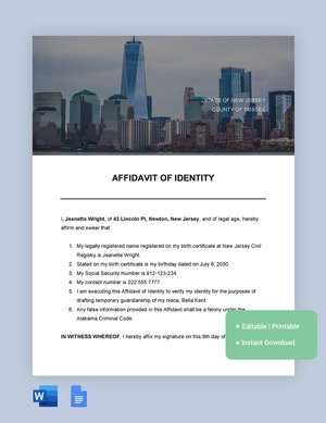 New Jersey Affidavit Of Identity Template