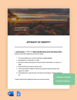 New Mexico Affidavit Of Identity Template