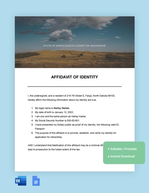 North Dakota Affidavit Of Identity Template