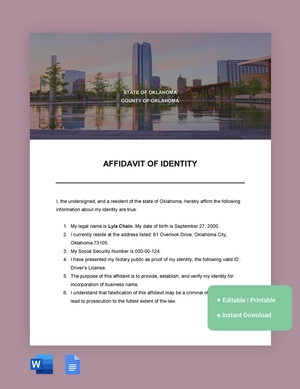 Oklahoma Affidavit Of Identity Template