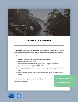 Oregon Affidavit Of Identity Template