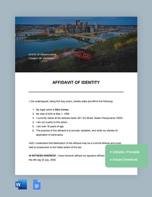 Pennsylvania Affidavit Of Identity Template