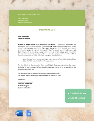 Louisiana Mechanics Lien Template