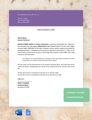 Maine Mechanics Lien Template