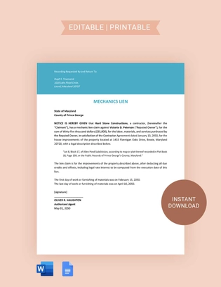Maryland Mechanics Lien Template