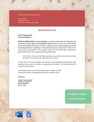 Massachusetts Mechanics Lien Template