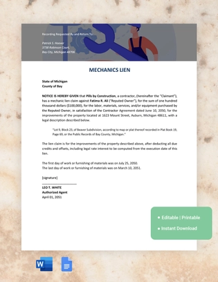 Michigan Mechanics Lien Template