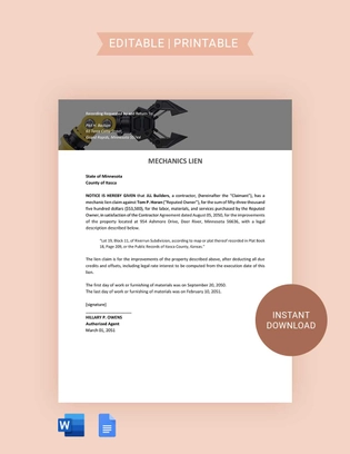 Minnesota Mechanics Lien Template