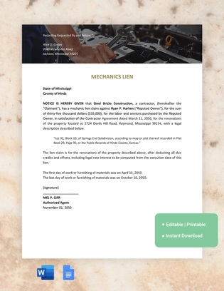 Mississippi Mechanics Lien Template