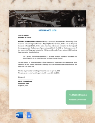 Missouri Mechanics Lien Template