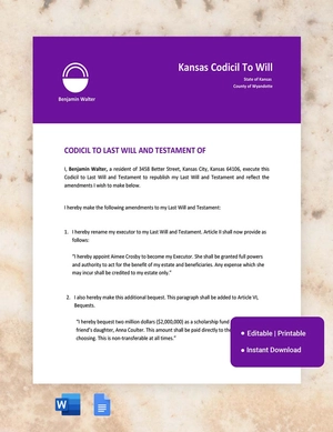 Kansas Codicil To Will Template