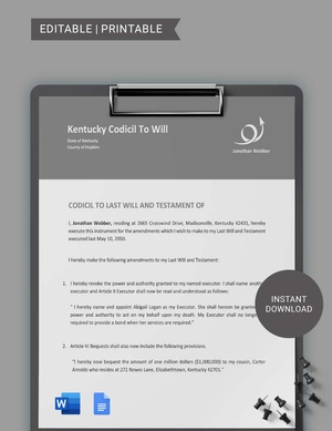 Kentucky Codicil To Will Template
