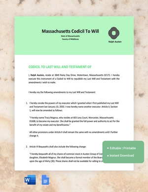Massachusetts Codicil To Will Template