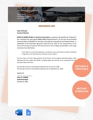 Nevada Mechanics Lien Template