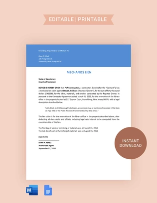 New Jersey Mechanics Lien Template