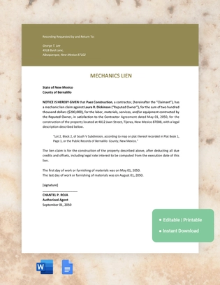 New Mexico Mechanics Lien Template