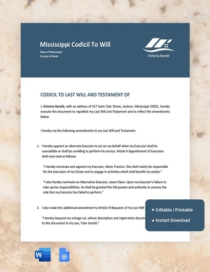Mississippi Codicil To Will Template