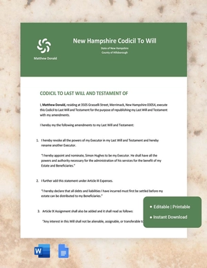 New Hampshire Codicil To Will Template