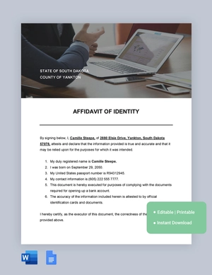 South Dakota Affidavit Of Identity Template