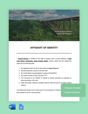 West Virginia Affidavit Of Identity Template