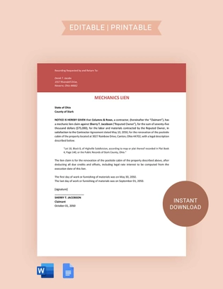 Ohio Mechanics Lien Template